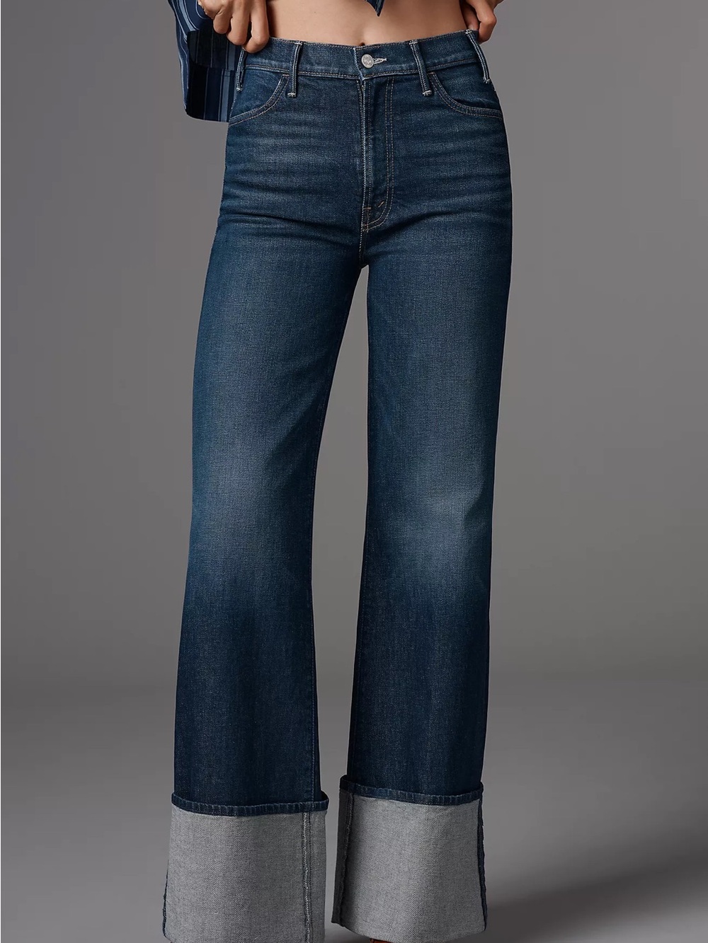 MOTHER Blue Wide-Leg Cuffed Jeans with Light Hem